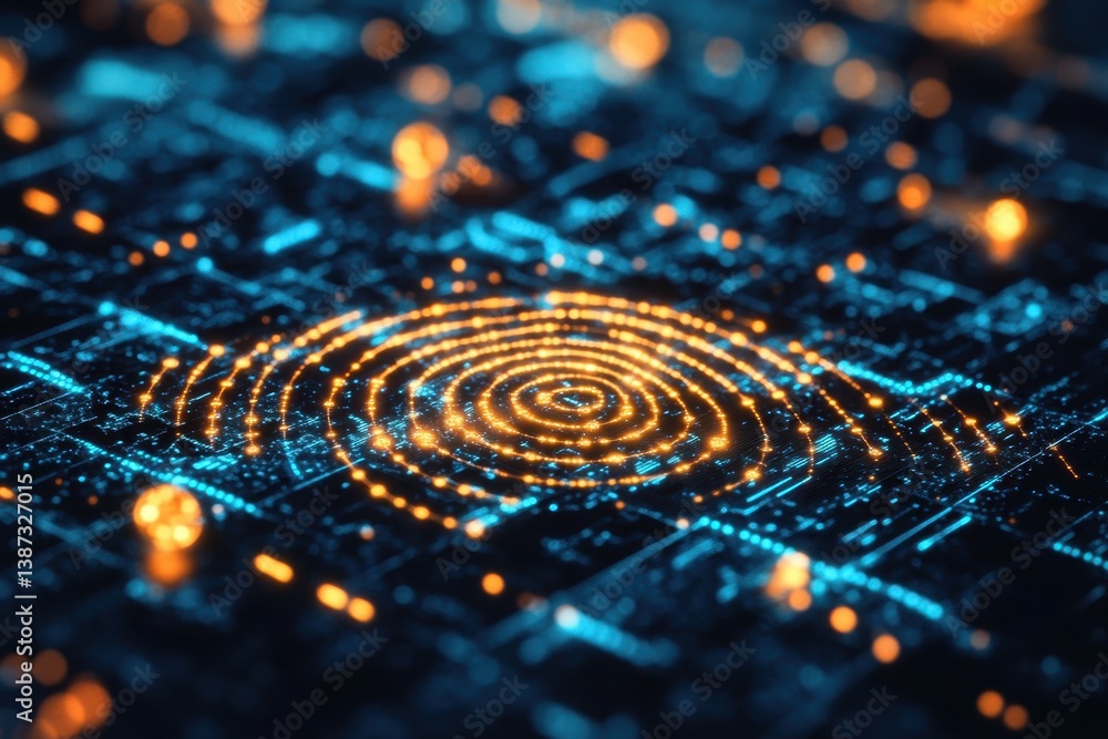 Poster abstract representation of digital waves and patterns with glowing elements in a technology concept