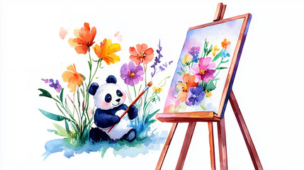 cute panda painting flowers in vibrant garden, surrounded by colorful blooms and greenery, evokes sense of joy and creativity