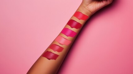 A flat lay of various colorful lipsticks arranged neatly on a marble background with soft natural lighting