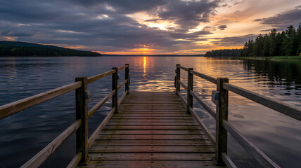 Obraz premium Sunset View from Wooden Pier with Cloudy Sky Reflection