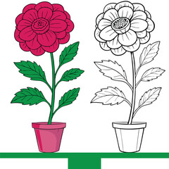 Unique flower coloring book with pot and coloring concept for child and adult. Adobe Illustrator Artwork