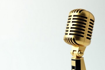 Close-up shot of a single gold microphone on white background, lyricism, gleam, flow