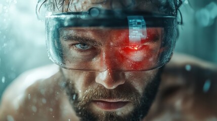An intense portrait of a man underwater wearing advanced goggles, illustrating modern technology's intersection with athleticism and determination in pursuing personal goals.