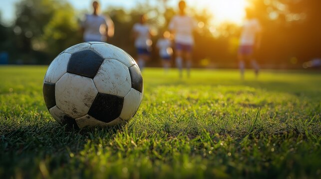 Soccer ball rests on trimmed grass while players approach from a sunlit background in soft focus