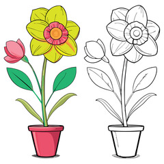 Unique flower coloring book with pot and coloring concept for child and adult. Adobe Illustrator Artwork