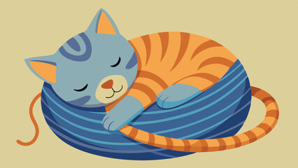 Fototapeta premium Cute orange cat sleeping peacefully in a soft, cozy yarn ball against a light blue background during a sunny afternoon