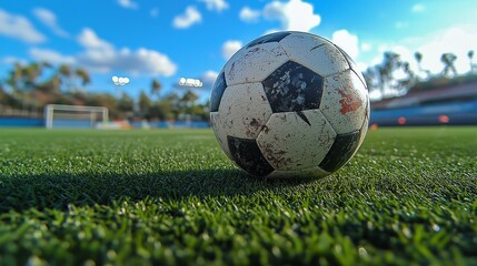 Old soccer ball with red stains lies on bright turf near the goal on a clear day with palm trees