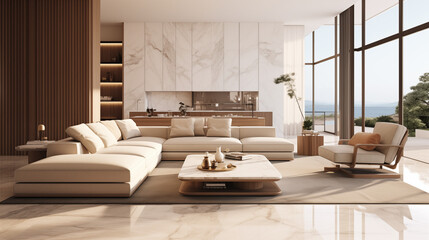 Plan sur un salon moderne, art décoratif. Élégant, luxe. Décorations, lumières douces. Pour conception et création graphique.