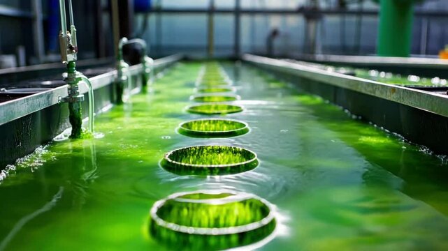 Biofuel Production: An eye-level view showcases a controlled algal bloom in a scientific setup, highlighting sustainability and innovation. This scene features tanks of vibrant green microalgae.