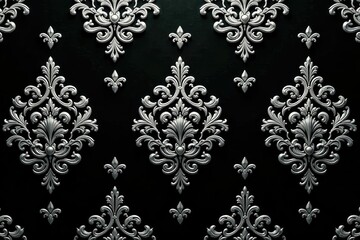 Intricate floral damask pattern, repeating design in elegant silver on black , paisley, flowers, texture