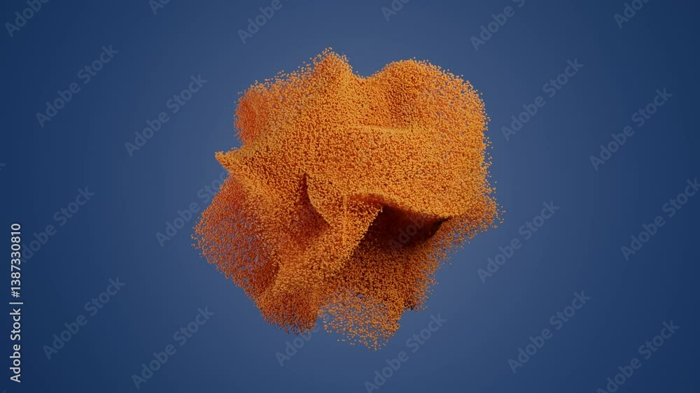 Poster abstract 3d orange particles moving in perfect synchronized rhythm on blue background. geometric dyn