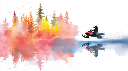 vibrant snowmobile glides across reflective surface, surrounded by colorful trees in autumn hues, evoking sense of adventure and freedom