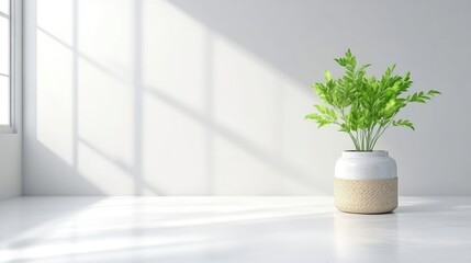 Fototapeta premium Minimalist white room with a potted plant. Sunlight streams in through a window, casting shadows on the white walls and floor. A simple, light beige and white ceramic planter holds fresh green foliage