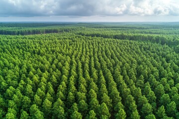 Naklejka premium Expansive view of a lush green pine forest under cloudy sky captured from above