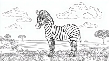 A detailed black and white illustration of a zebra standing in a grassy landscape with trees and clouds in the background.