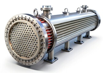 Aerial drone view of a shell and tube heat exchanger, isolated on white.