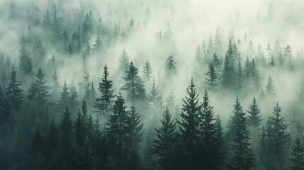 Misty morning landscape with dense fir forest and moody mountain atmosphere in vintage retro style