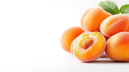 Fresh apricots with one halved displaying seed on white background, vibrant orange fruit composition, close-up shot, and healthy snack concept.