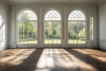 Bright Room, Natural Light Through Arched Windows, Hardwood Floor, White Walls, Outdoors