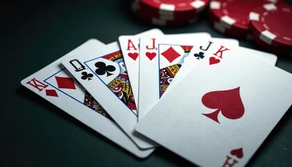 Obraz premium Playing cards arranged in a royal flush sequence , diamonds, hearts