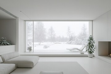 Fototapeta premium Minimalist AllWhite Living Room Interior with Snow Covered Outdoor View, Modern Couch