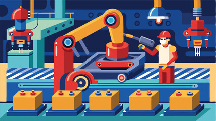 Fototapeta premium Vector illustration depicting a busy factory assembly line with robots and workers engaged in packaging and sorting packages efficiently