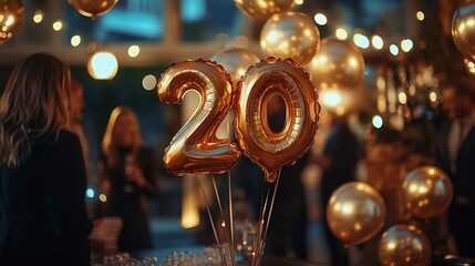 Celebratory scene with golden '20' balloons at a festive party, creating a joyful atmosphere filled with people and decorative lights.