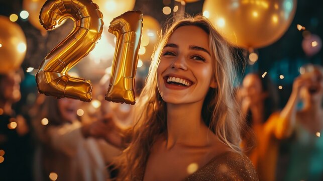 A joyful young woman celebrates her 21st birthday with golden balloons and confetti, surrounded by friends at a vibrant party.