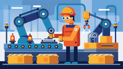 Vector illustration depicting a busy factory assembly line with robots and workers engaged in packaging and sorting packages efficiently