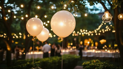 Elegant outdoor evening event with glowing balloons and string lights creating a magical atmosphere for a celebration.