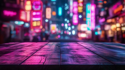 A vibrant urban night scene featuring illuminated signs and colorful lights with a rustic wooden table in the foreground.