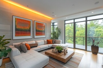 Fototapeta premium Bright Living Room with Large Windows, Sectional Sofa, Wood Coffee Table, Artwork, Plants