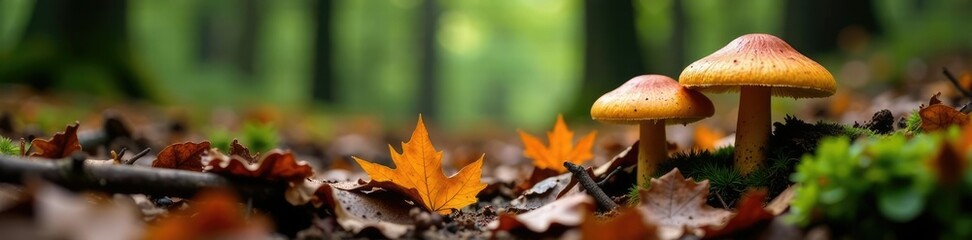 Forest floor covered in mushrooms and decaying matter, autumn, forest floor