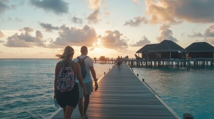 Fototapeta premium Tropical sunset stroll, Couple walking towards idyllic island villas