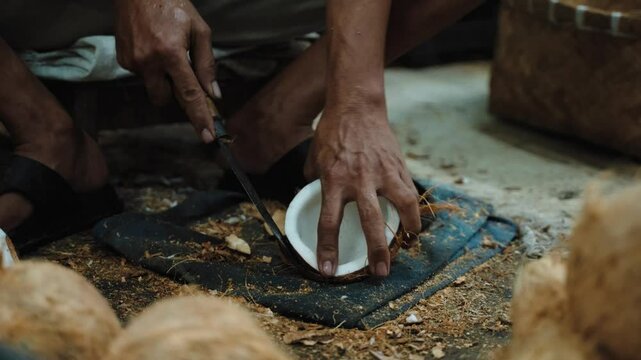 Removing coconut meat from shell using simple tool, traditional farming practices