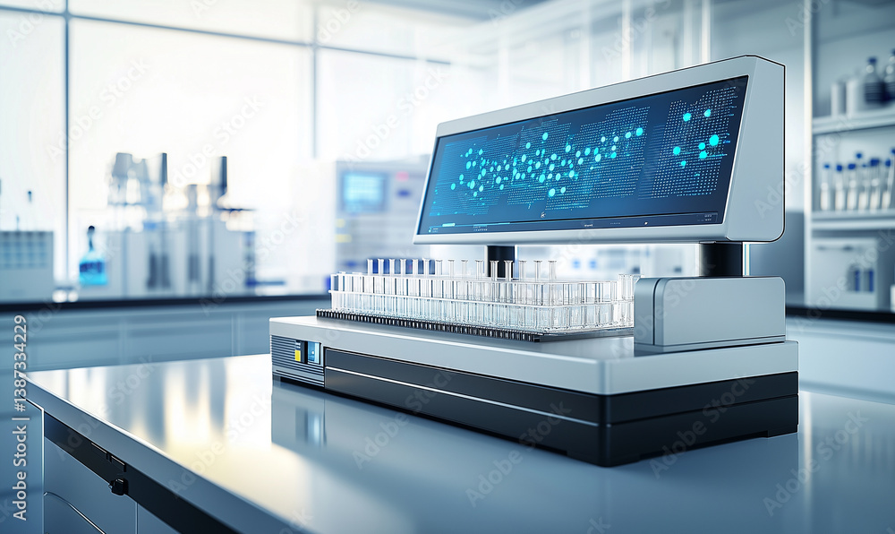 Poster high-tech lab equipment with vials on a countertop, showcasing advanced technology in a modern labor