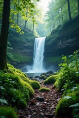 Fototapeta premium Forest floor in misty forest with cascading waterfall in the background, natural, landscape, plants