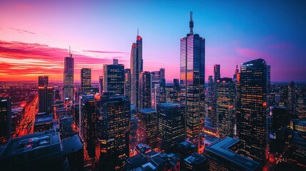 Obraz premium Aerial view of futuristic city skyline at dusk with neon lights reflecting on sleek glass skyscrapers, vibrant cityscape showing modern architecture, flashing lights and high tech metropolis feel.