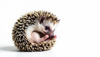Obraz premium Tiny hedgehog curled in a ball on pure white background, sleep, pet