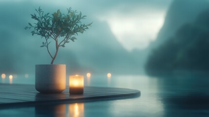 Serene ambiance with a potted plant and candle by misty waters at twilight