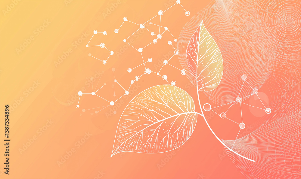Poster abstract illustration featuring leaves and molecular structures on a colorful gradient background.