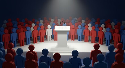 Fototapeta premium Figurines Standing Around White Podium for Public Speaking or Presentation