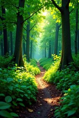 Fototapeta premium Forest trail meandering through dense foliage, verdant, sunlight
