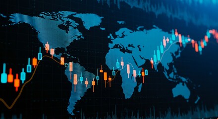 Stock market charts paint a global business picture across continents on a digital world map
