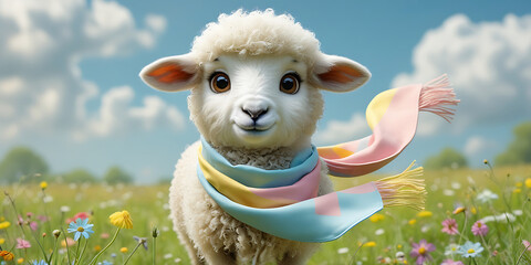 Lamb with Colorful Scarf Standing in Vibrant Flower Field Under Clear Sky