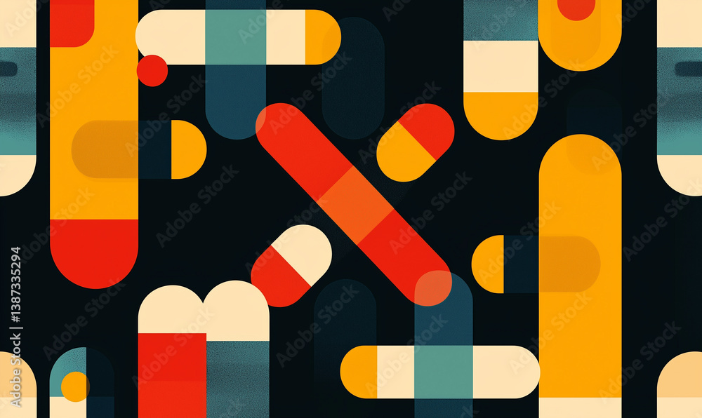 Poster abstract pattern featuring colorful pill shapes on a dark background, creating a modern and artistic