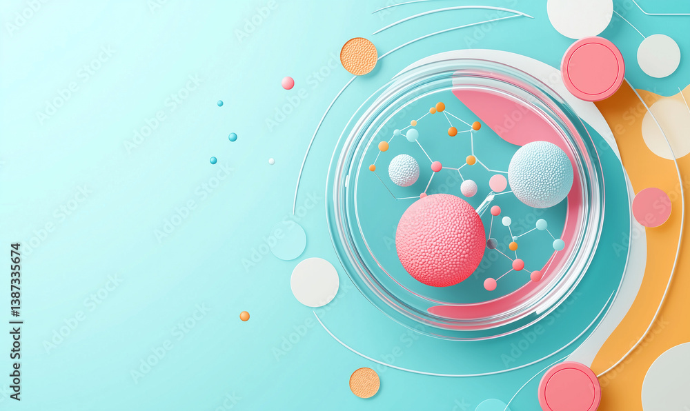 Poster abstract illustration featuring colorful circles and lines in a dynamic composition on a blue backgr