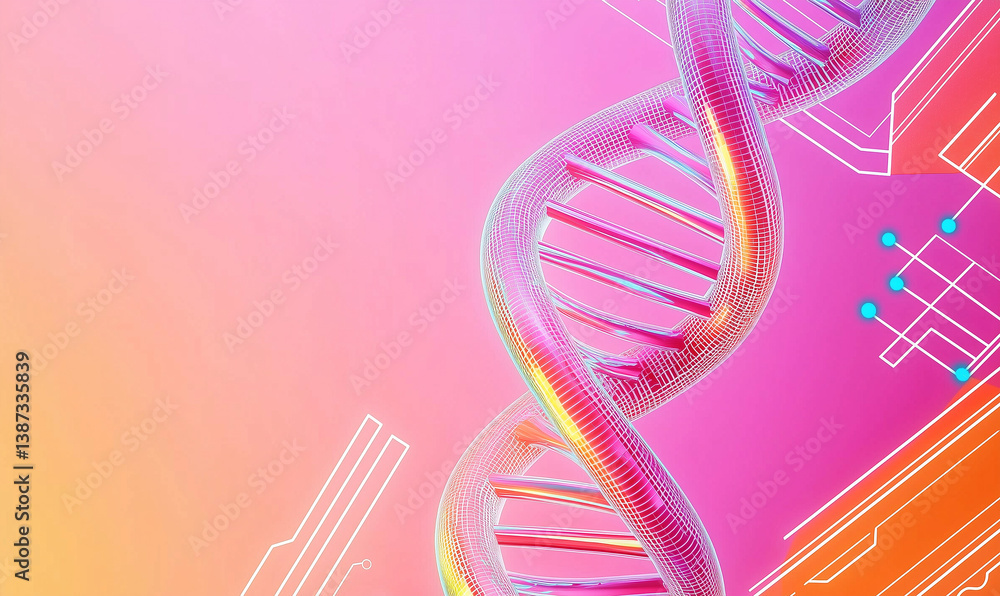 Poster abstract representation of dna strands against a colorful gradient background, blending technology a