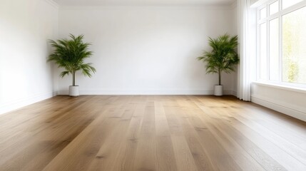 Light-toned hardwood flooring dominates this image. Two potted palm plants flank the room, adding a touch of nature. The composition is simple, with white walls and a large window. The photograph is b