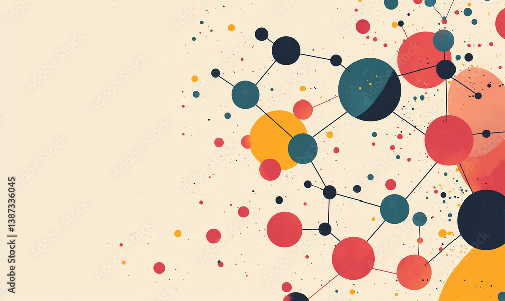 Poster abstract illustration featuring colorful circles and lines, representing connections and networks in